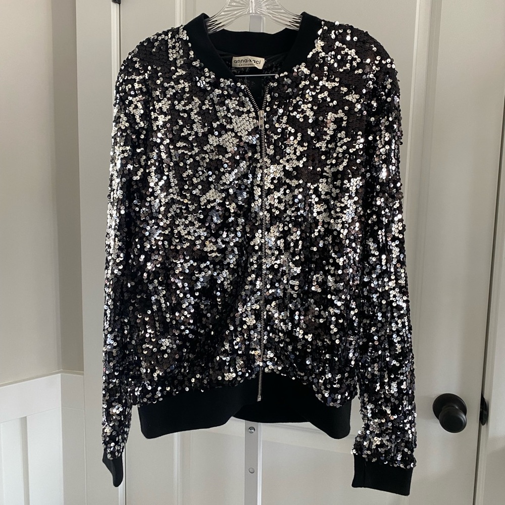 Anna Kaci Zipper Sequins Sweater.
